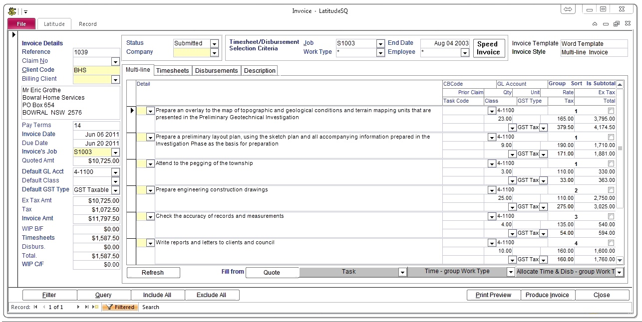 Latitude allows flexible invoicing. Timesheets and disbursements can be allocated to invoices, with an option to display or hide details on copy sent to customers. Alternatively, the user can enter free-text invoice line-item descriptions while still retaining full timesheet and disbursement allocations for use in financial reporting. Design your templates in Word.